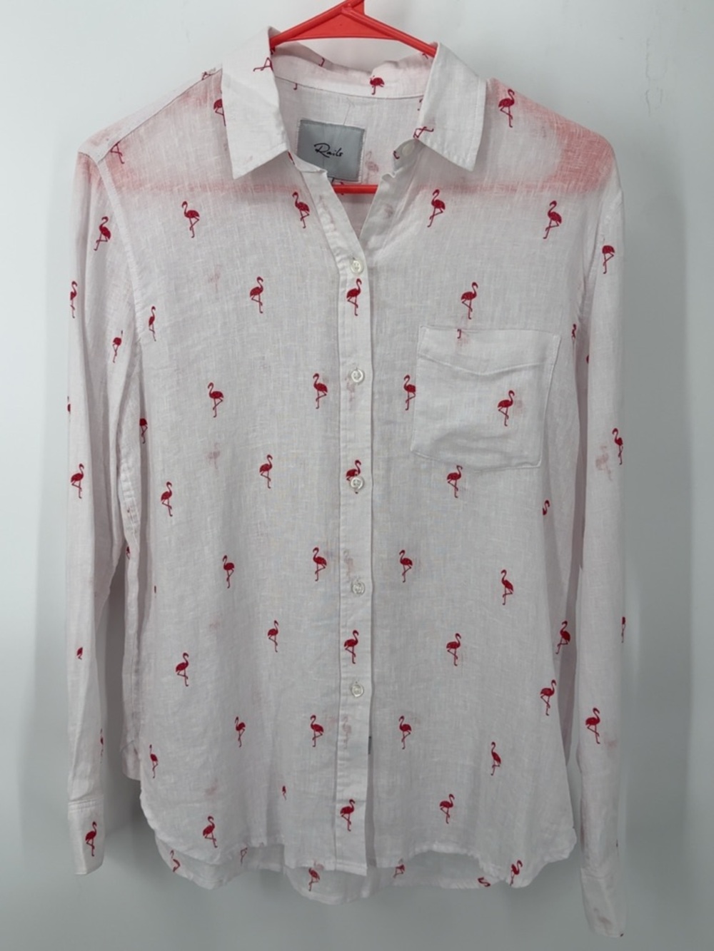 Rails White Button-Down Shirt with Pink Charlie Flamingo Print Sz XS